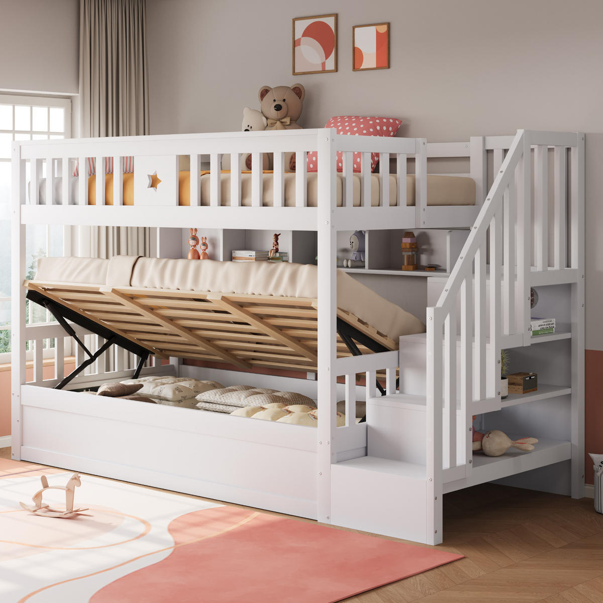 HOCHBETT 90/200 cm aus Holz mit Regal und Stauraumtreppe, Weiß - Weiß, Holz (90/200cm) - OKMYHOME