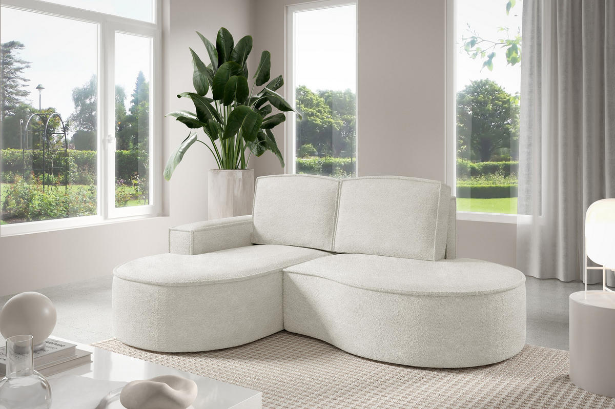ECKSOFA MOLLY – Halbkreisförmig, Abriamo-Bouclé, Lose Kissen, Bouclé-Bezug, 210x157x88 cm, Links Weiß - Weiß, Holz/Textil (157/210cm) - DomoHome