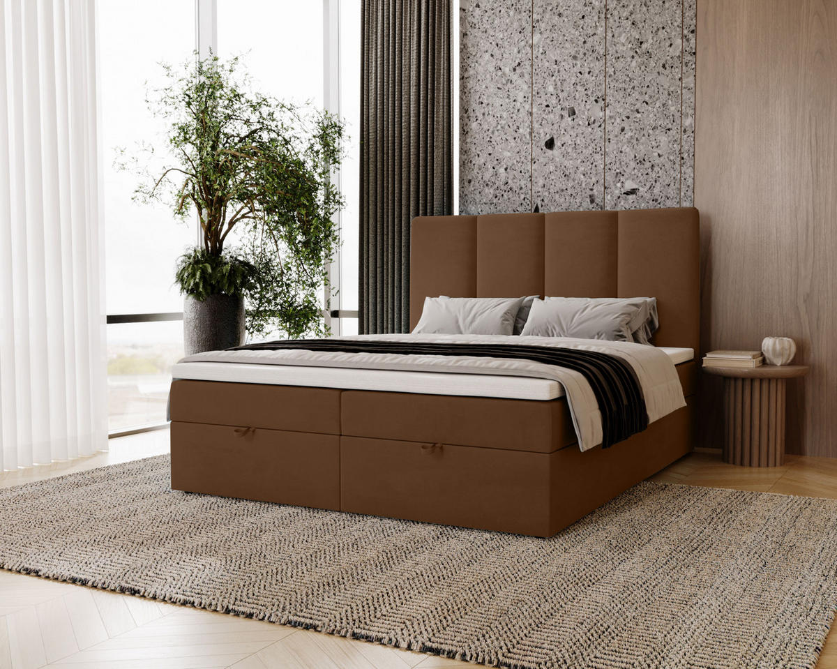 BOXBETT Malmo mit 2 Bettkästen, 160x200, Dunkelbraun, Velourstoff, Doppelbett mit Bonell-Matratze inkl. Topper - Dunkelbraun, Holz/Kunststoff (160/200cm)