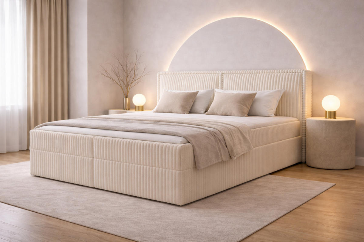 BOXBETT 04 180 x 200 cm - Ambience – Modernes Polsterbett mit Bettkasten, Topper und gepolstertem Kopfteil, Stoffbezug, Stauraumbett - Creme, Holz (180/200cm) - ROYAL24_MARKT
