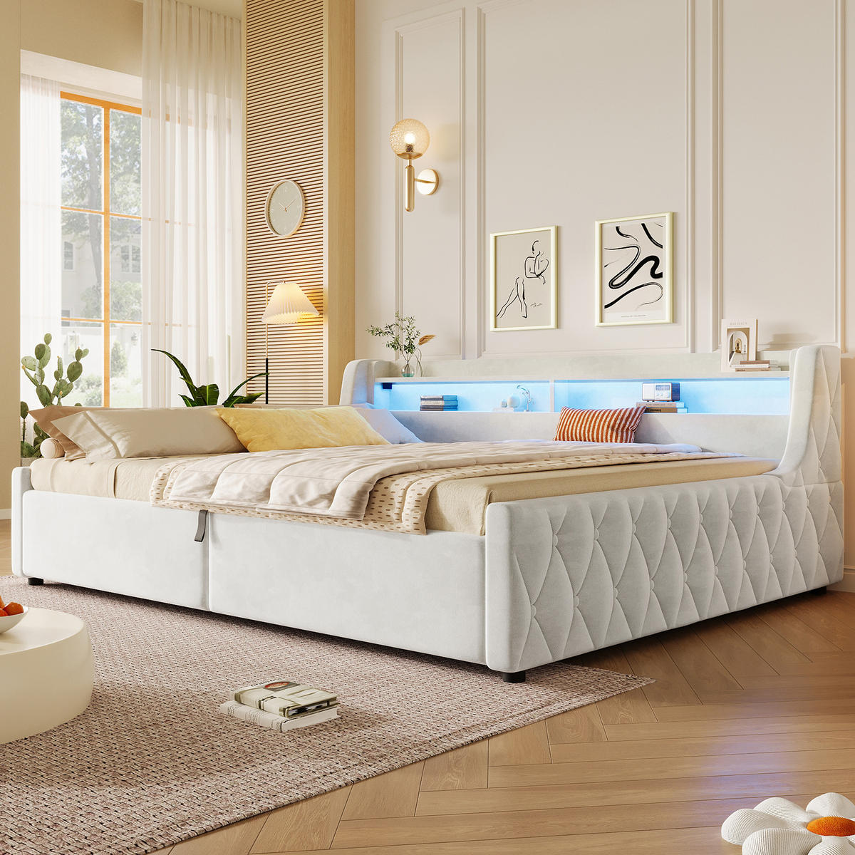 POLSTERBETT 140/200 cm in Off White mit Bettkasten und LED - Weiß, Holzwerkstoff/Textil (140/200cm) - CHICFURN