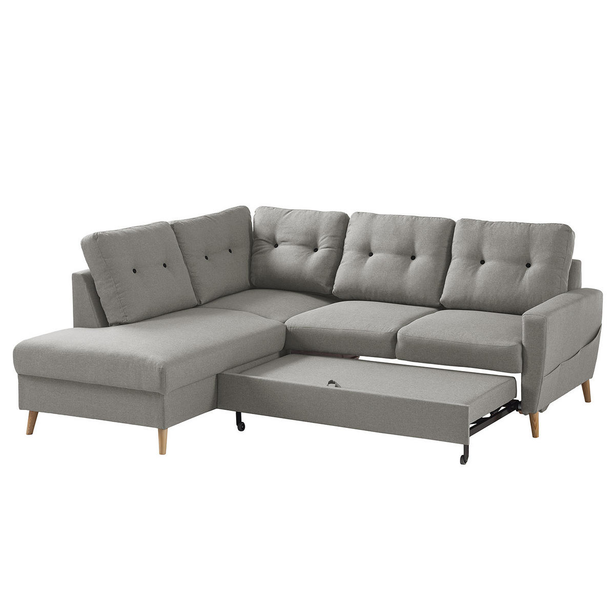 ECKSOFA mit Ottomane - Webstoff - Hellbraun/Grau, Holz/Textil (230/200cm) - home24