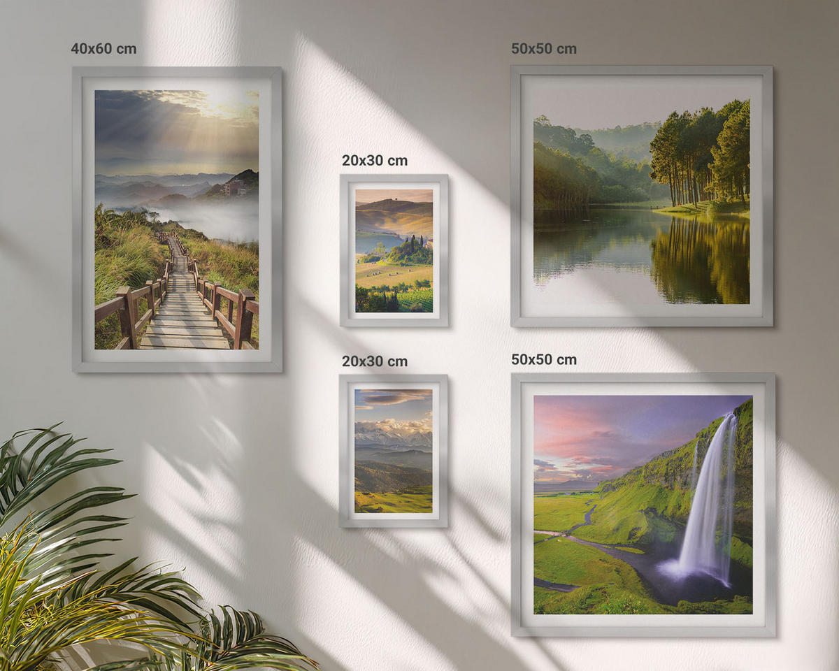 WANDBILDER 5er Set - 50x50 cm & 20x30 cm & 40x60 cm Silberner Rahmen - Aquarell von grünen tropischen Blättern - Silberfarben, Kunststoff (40/60cm) - ArtPrintCave
