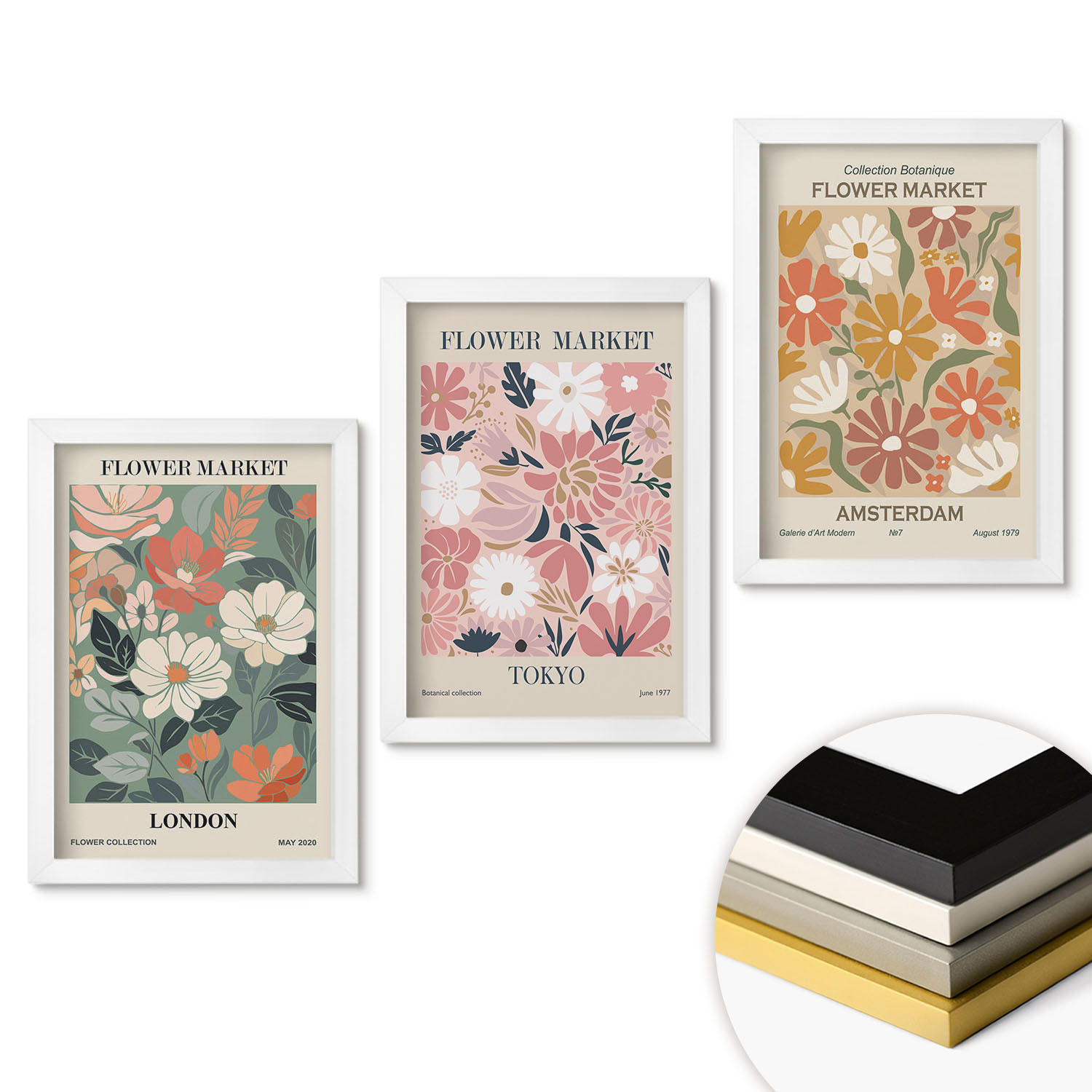 WANDBILDER 3er-Set - 20x30 cm Weißer Rahmen - Blumenmuster London Tokio Amsterdam - Weiß, Kunststoff (20/30cm) - ArtPrintCave
