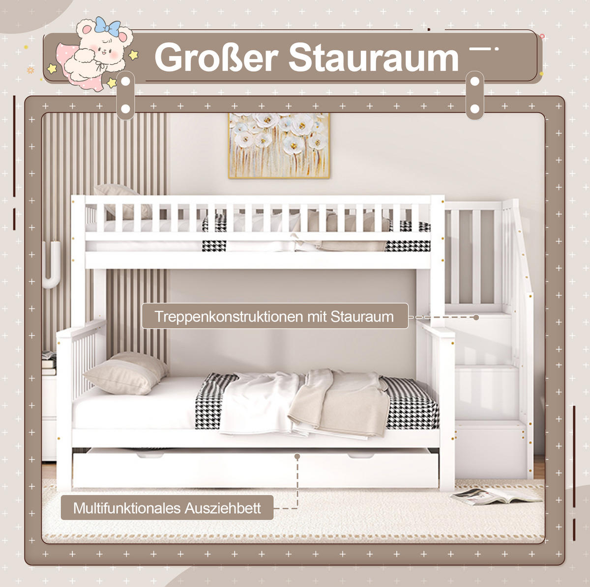 ETAGENBETT 90/200 und 140/200 cm in Weiß aus Kiefer mit Stauraum und Ausziehbett - Weiß, Holz (90/200cm) - Flora Grace