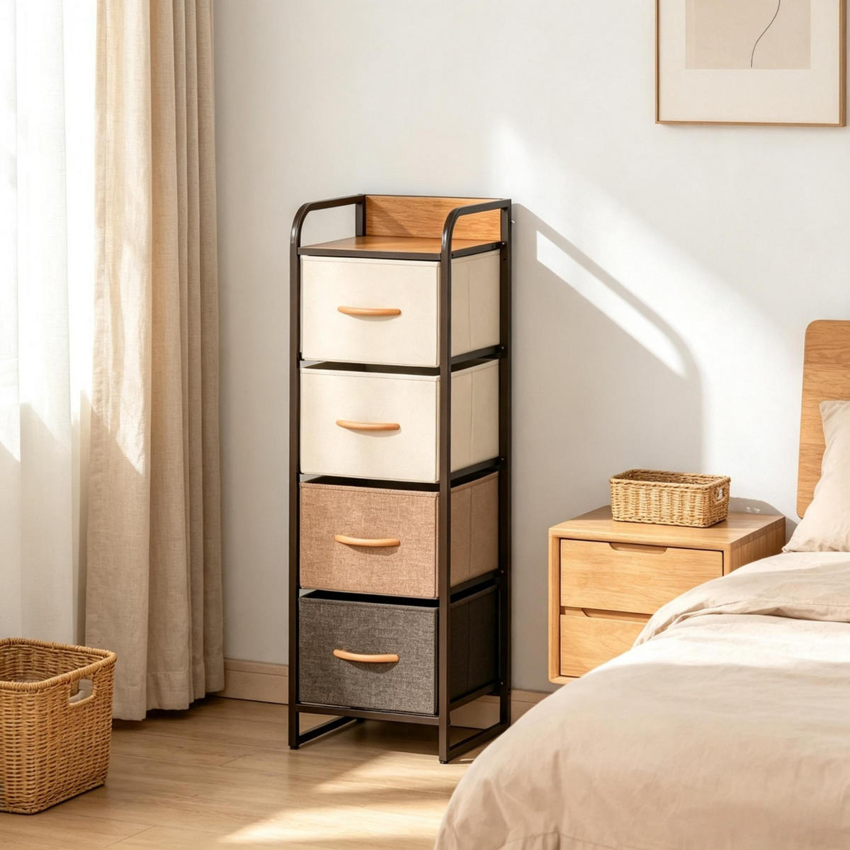 KOMMODE in Beige und Braun 31x29x99 cm mit 4 Stoffschubladen - Beige, Holzwerkstoff (29/99/31cm) - IVMEU
