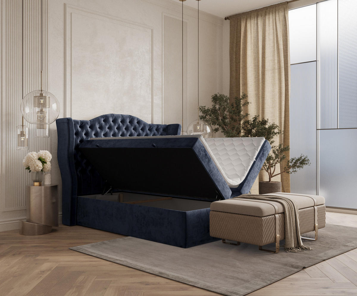 BOXBETT Royal Marineblau 140/200 cm im Chenille-Stoff - Schwarz/Dunkelblau, Holz/Holzwerkstoff (140/200cm) - Maison de Reve