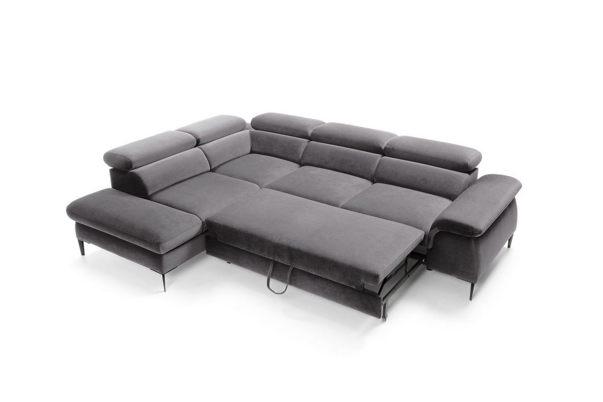 ECKSOFA MESTO Grau Velours-Stoff mit Schlaffunktion - Grau, Holz (280/214cm) - MASSENO