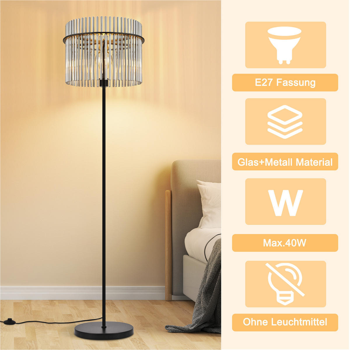 STEHLAMPE Lumistad 38/30/154 cm - Schwarz, Glas/Metall (38/30/154cm) - ZMH