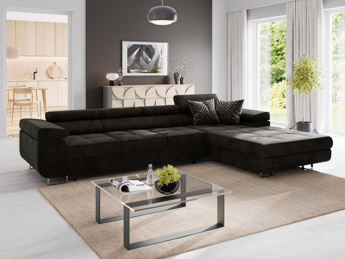 ECKSOFA VEMO CORE PLUS Rechts Schwarz Velours-Stoff mit Schlaffunktion und Bettkasten - Schwarz, Holz/Metall (350/205cm) - Barchello