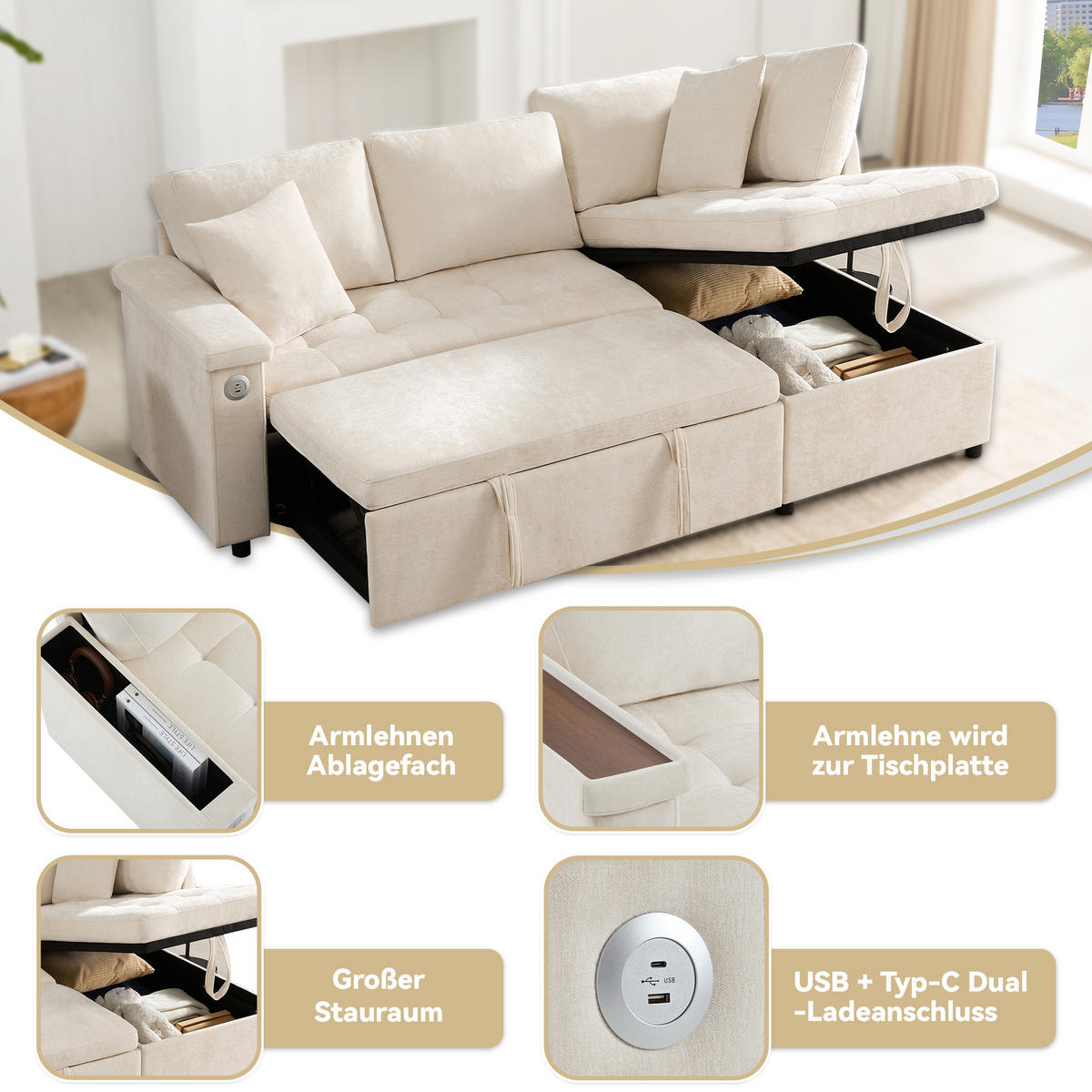 ECKSOFA rechts mit Schlaffunktion, Chenille & Stauraum, 209/130/84 cm, Beige - Beige, Textil (130/209cm) - Redom