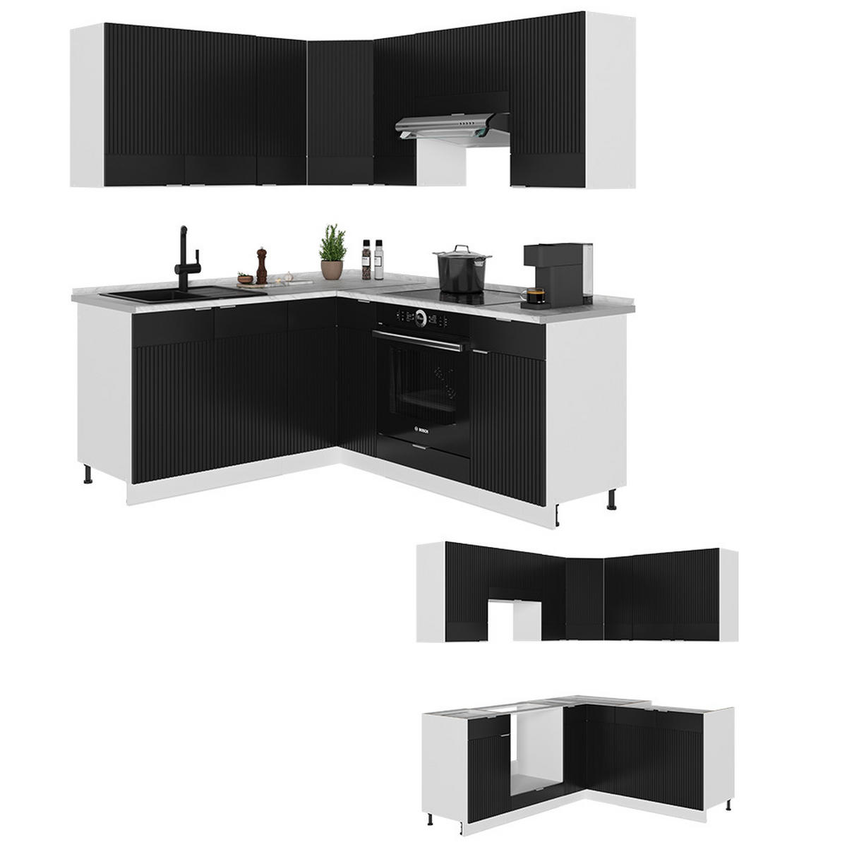 ECKKÜCHE Fame-Line, Schwarz gestreift/Weiß, 160 x 190 cm, AP Eiche - Schwarz/Weiß, Holzwerkstoff (190/81.6/60cm) - Vicco