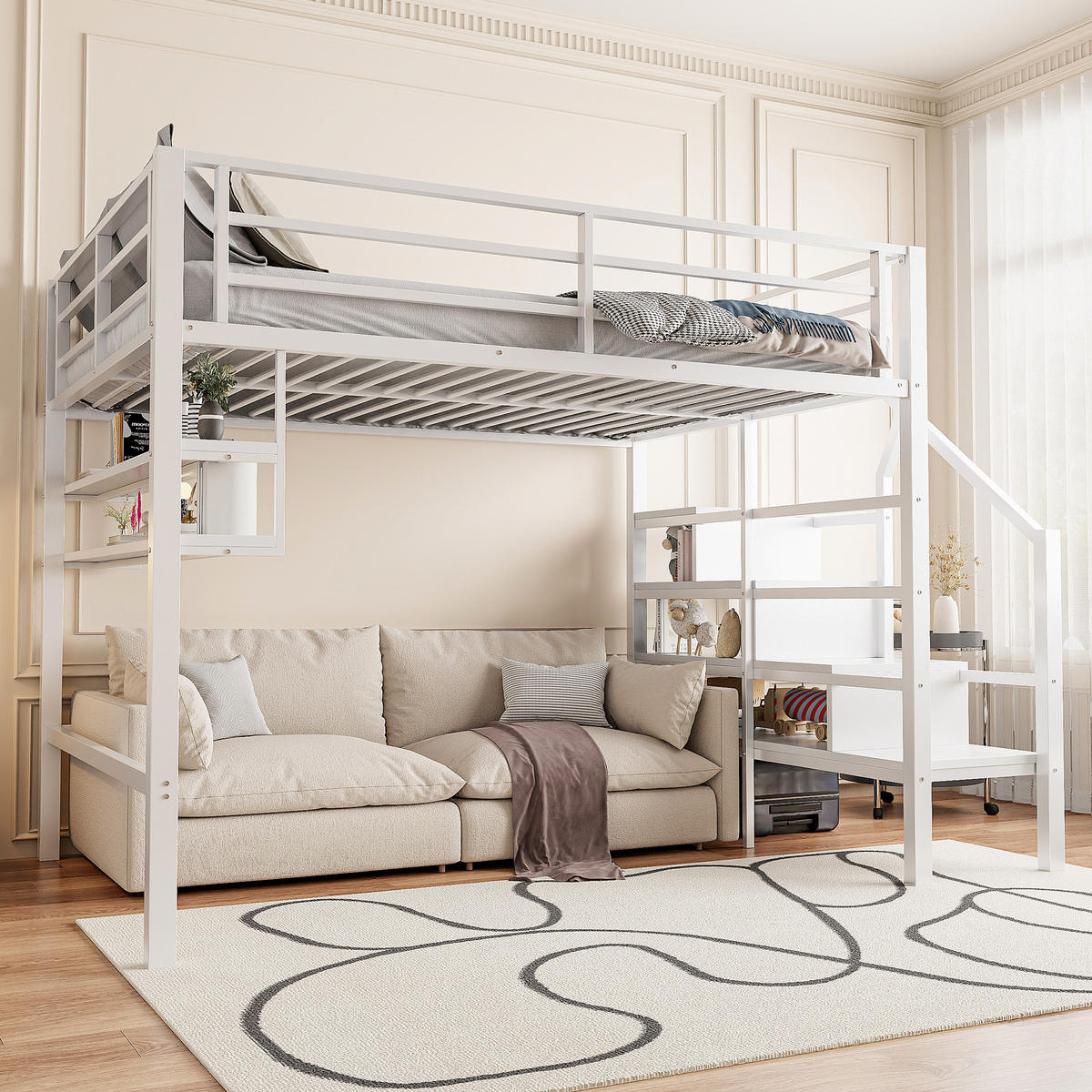 HOCHBETT 140x200cm Weiß Einlegeböden Stauraumleiter Geländer - Weiß, Metall (140/200cm) - FLIEKS