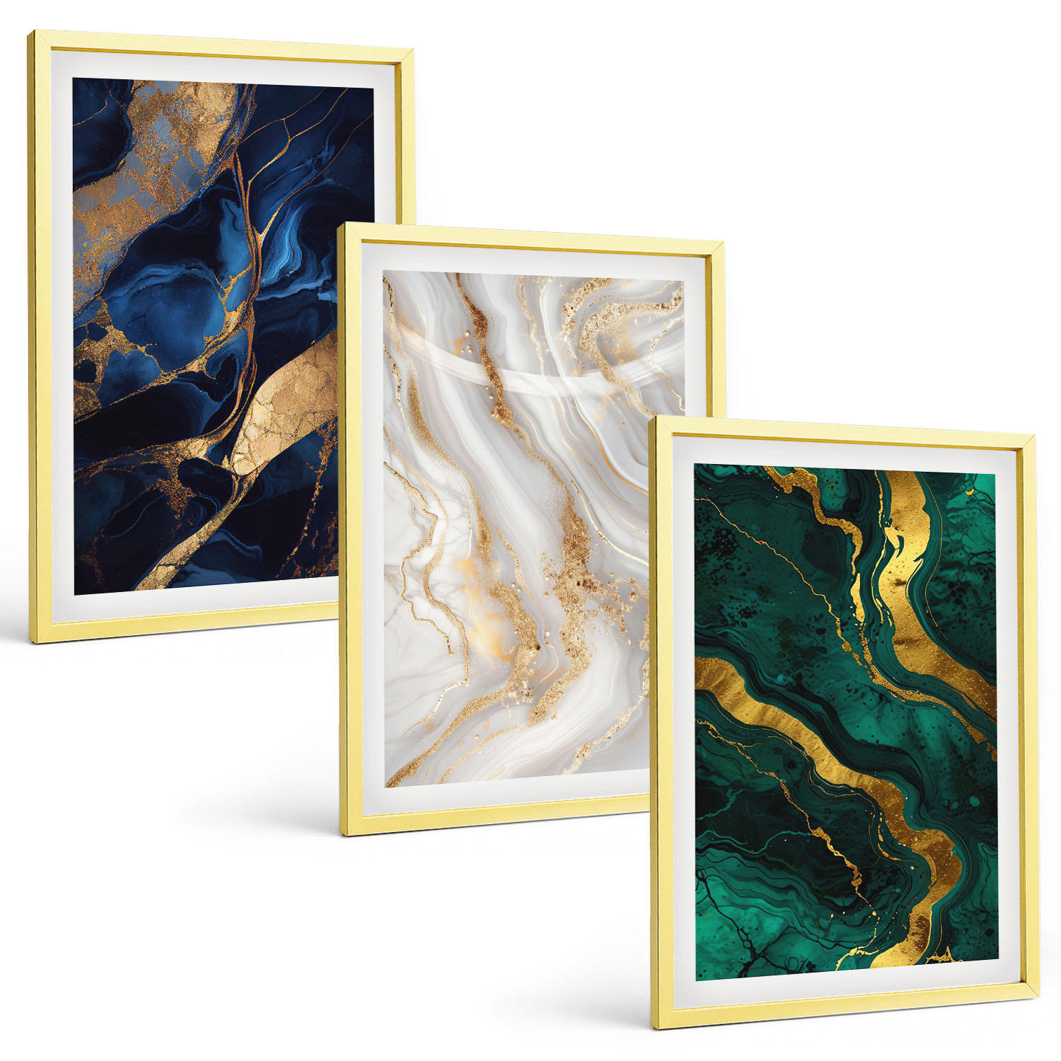 BILDER SET 3er Set - 40x60 cm Goldrahmen - Abstrakte blaugrüne Muster - Goldfarben, Kunststoff (40/60cm) - TULUP