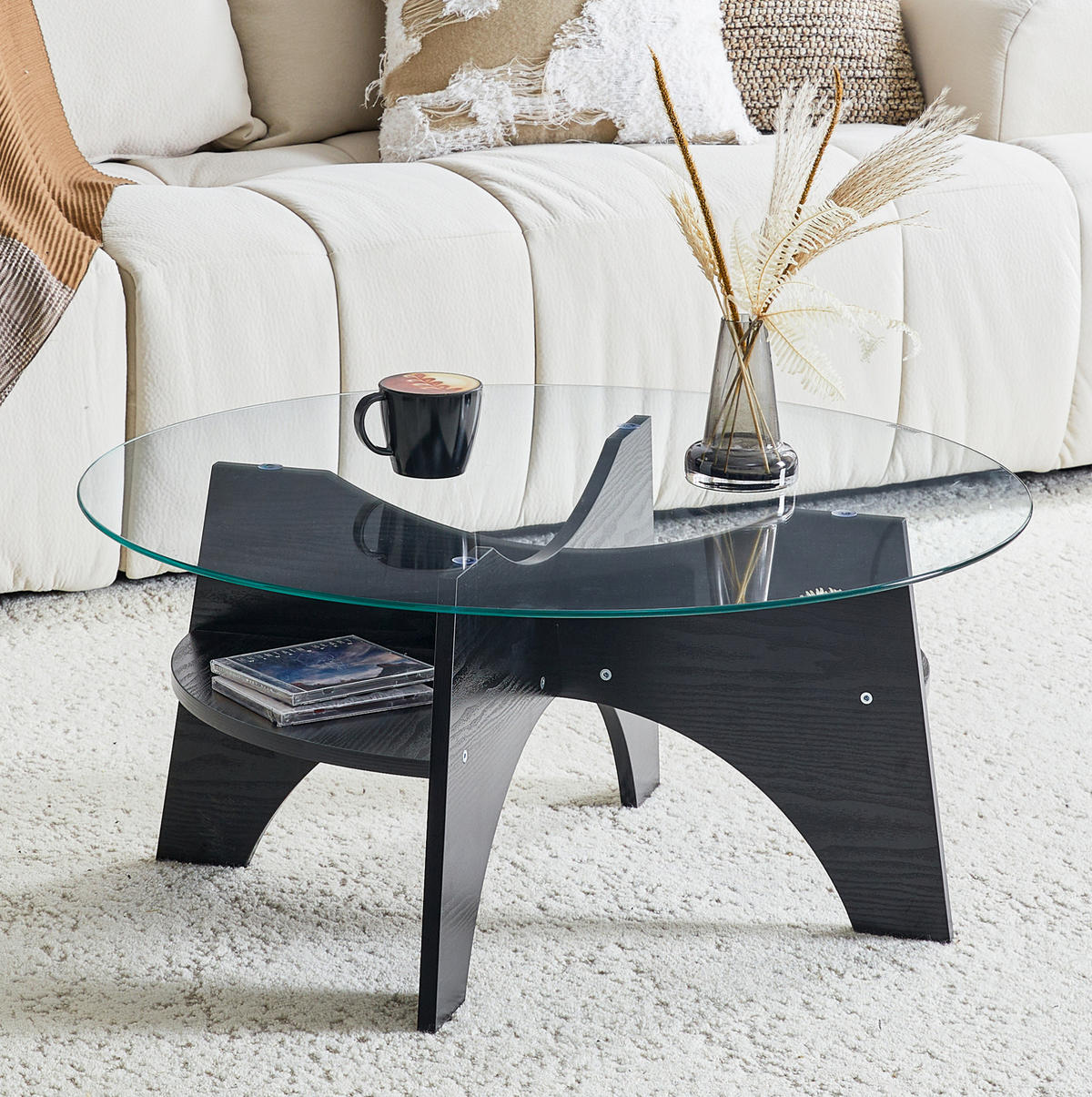 COUCHTISCH 80/80/36 cm Transparent Schwarz aus Sicherheitsglas mit fächerförmigem MDF-Gestell - Schwarz, Holzwerkstoff (80/80/36cm) - OKWISH