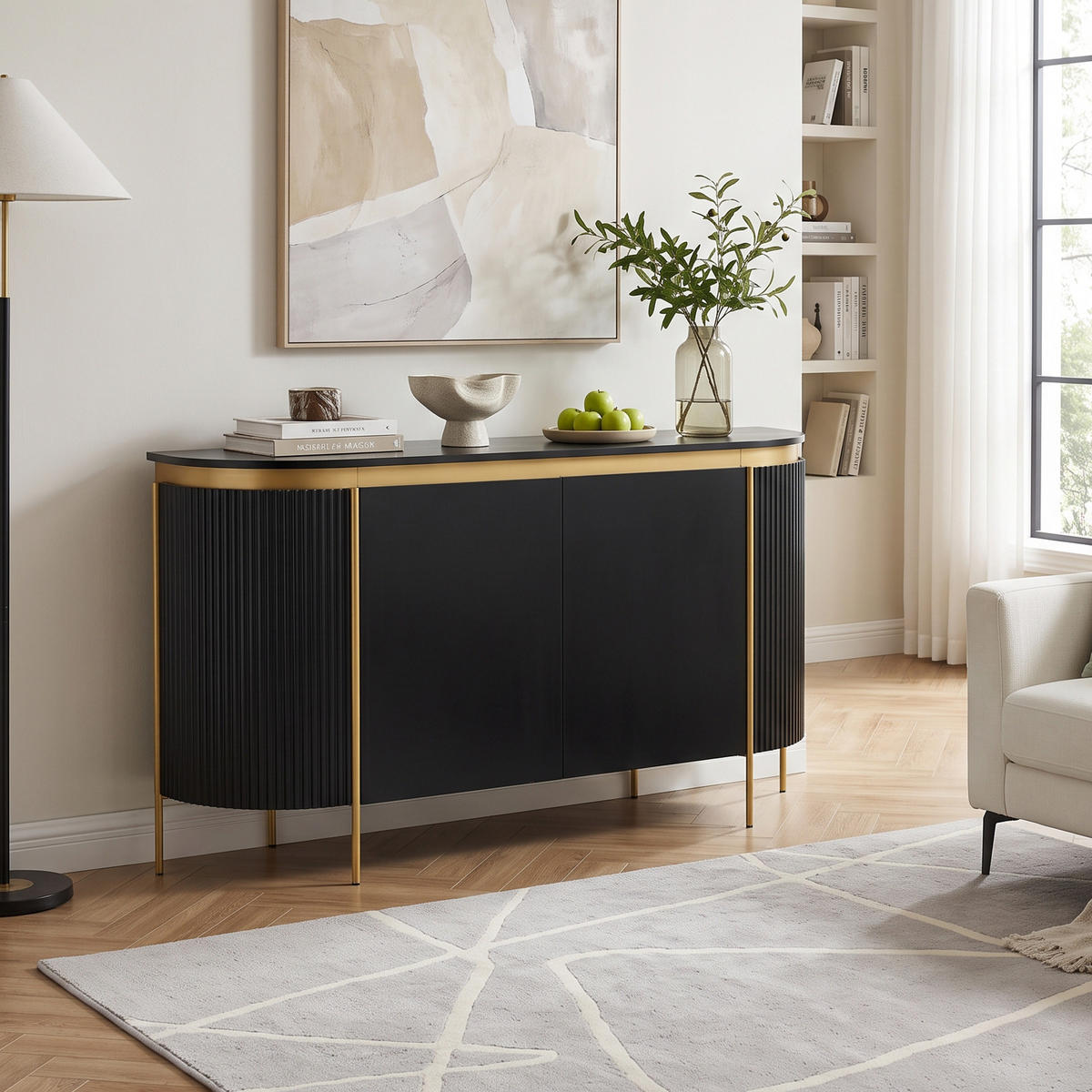 SIDEBOARD Oval 140cm MDF Riffel-Optik 4 Türen Gold-Details - Schwarz, Holzwerkstoff (140/80/38cm) - Urban Meuble