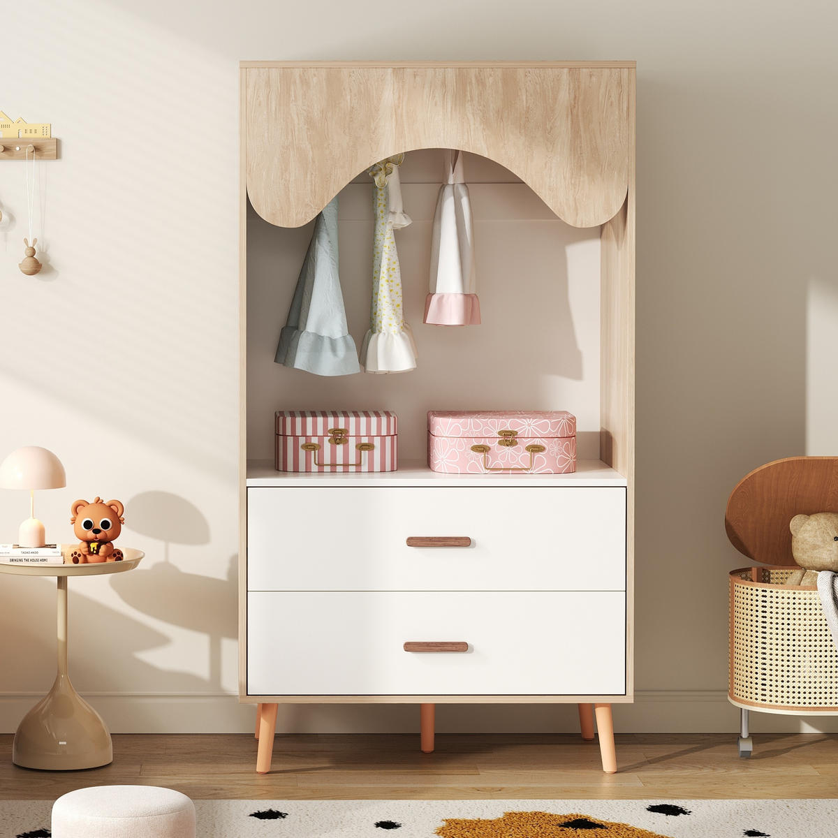 KINDERREGAL in Weiß und Naturfarben Kleiderschrank mit Kleiderstange und Schubladen für Kinderzimmer, B80/T46/H141.5cm - Naturfarben/Weiß, Holz/Holzwerkstoff (80/141.5/46cm) - STILVORA