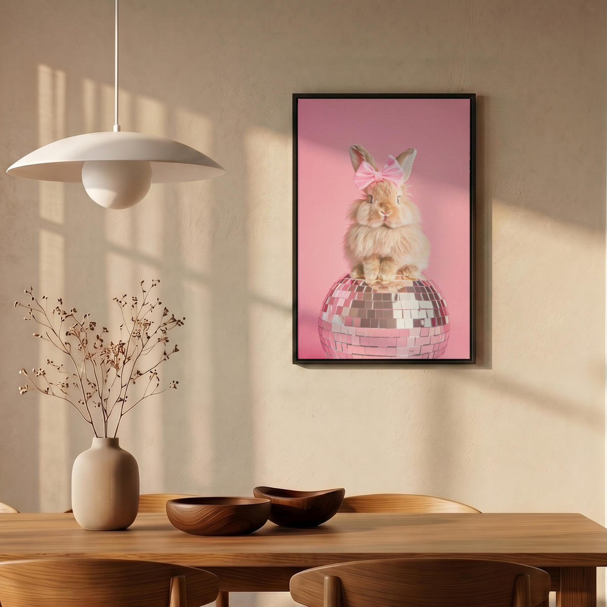 LEINWAND Bilder mit Rahmen - Schleife - Discoball - Kaninchen - 40x60 - Pink, Textil (40/60cm) - MuchoWow