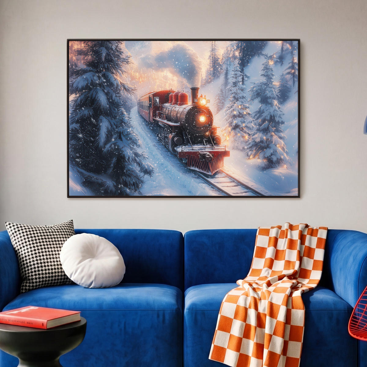 LEINWAND Bilder mit Rahmen - Weihnachtszug - Schnee - Winter - Weihnachten - 90x60 - Dunkelrot, Textil (90/60cm) - MuchoWow