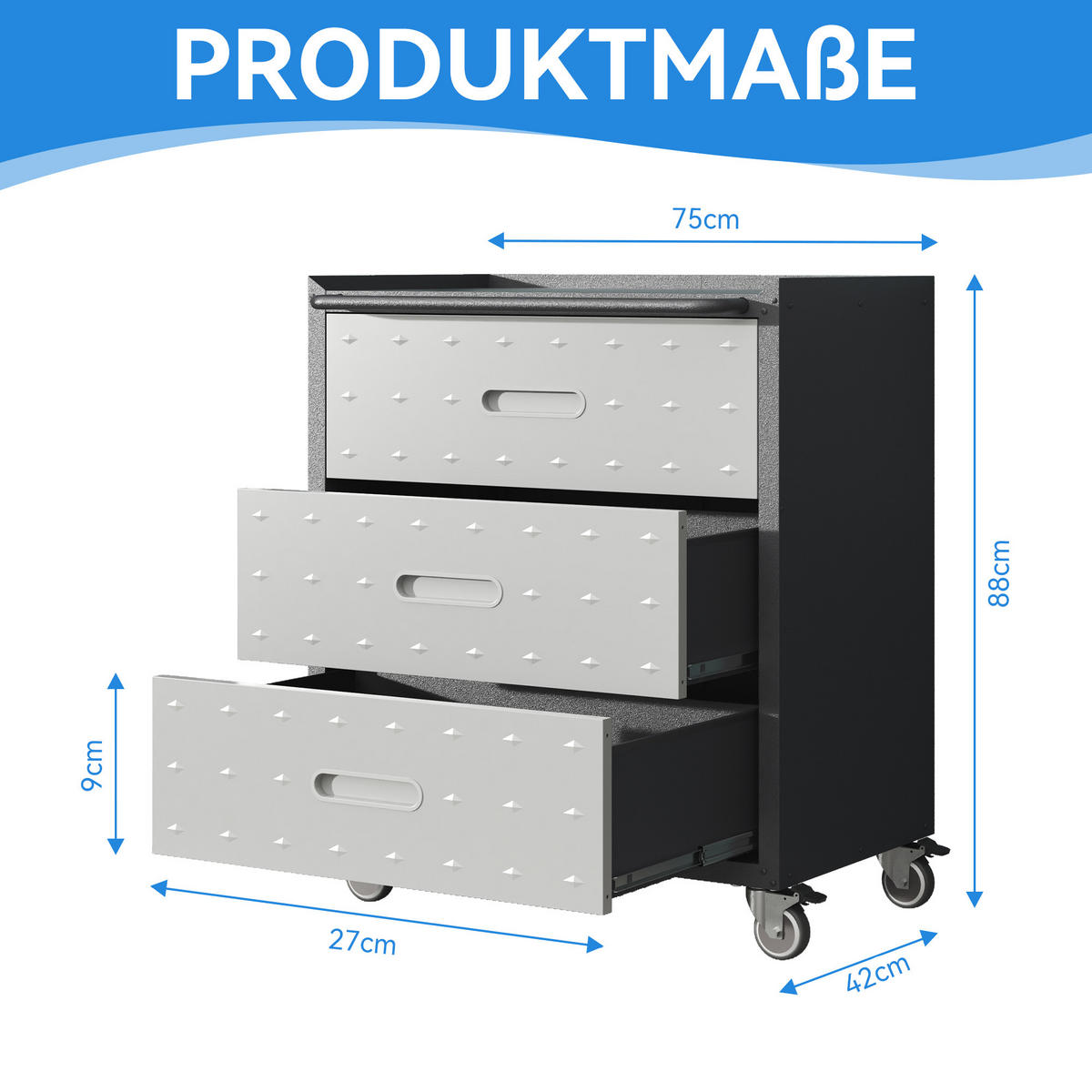 WERKZEUGSCHRANK Metall mit Rollen 3 Schubladen 75x42x88 cm – robust, Werkstattwagen für Garage, Büro & Haushalt, Schwarz/Grau - Schwarz, Metall (42/88.01/75.01cm) - Ej. Life