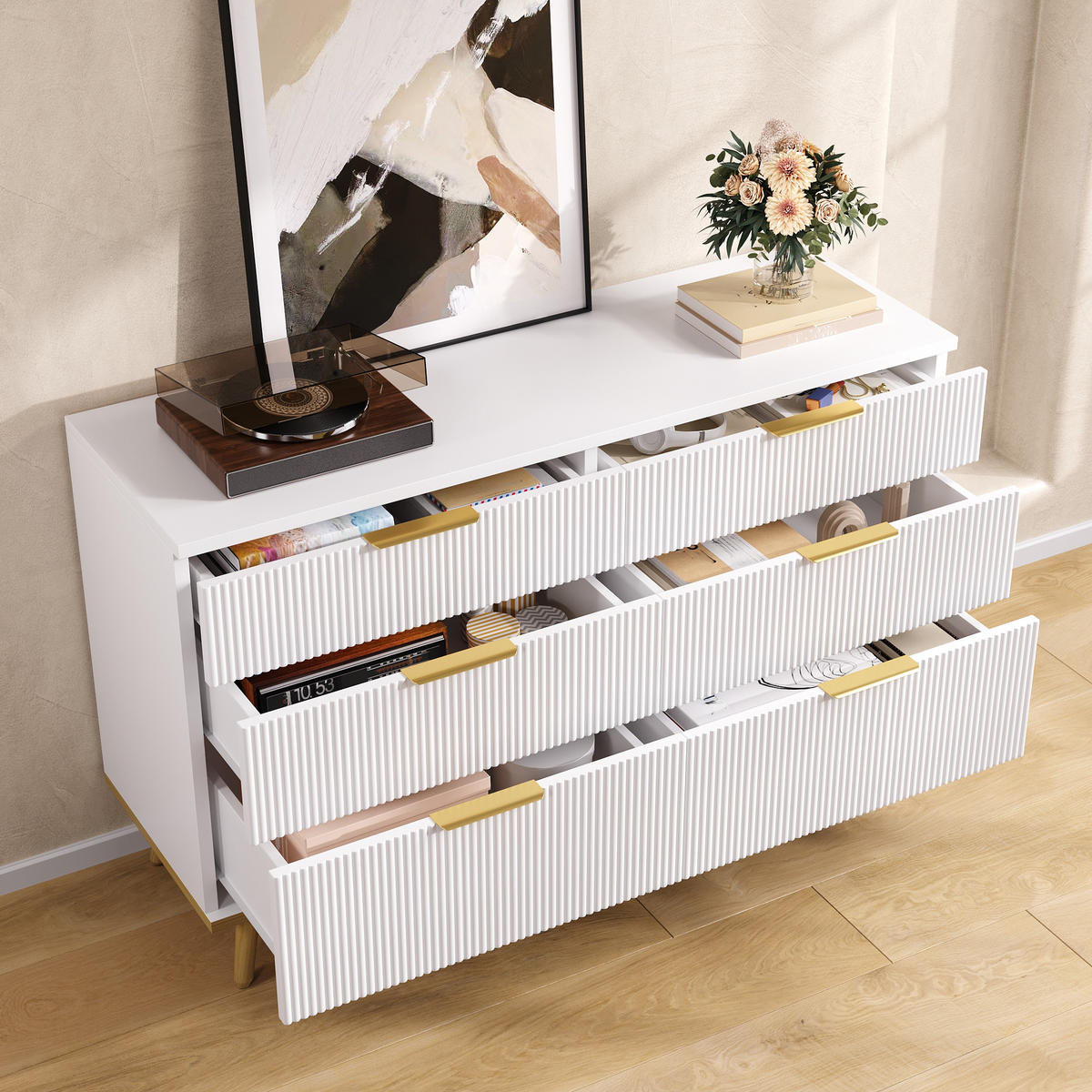 SIDEBOARD in Weiß Kommode mit 6 Schubladen und Holzoptik-Füßen für Wohnzimmer, Schlafzimmer und Flur, B120/T40/H76.5cm - Naturfarben/Weiß, Holzwerkstoff/Metall (120/76.5/40cm) - STILVORA
