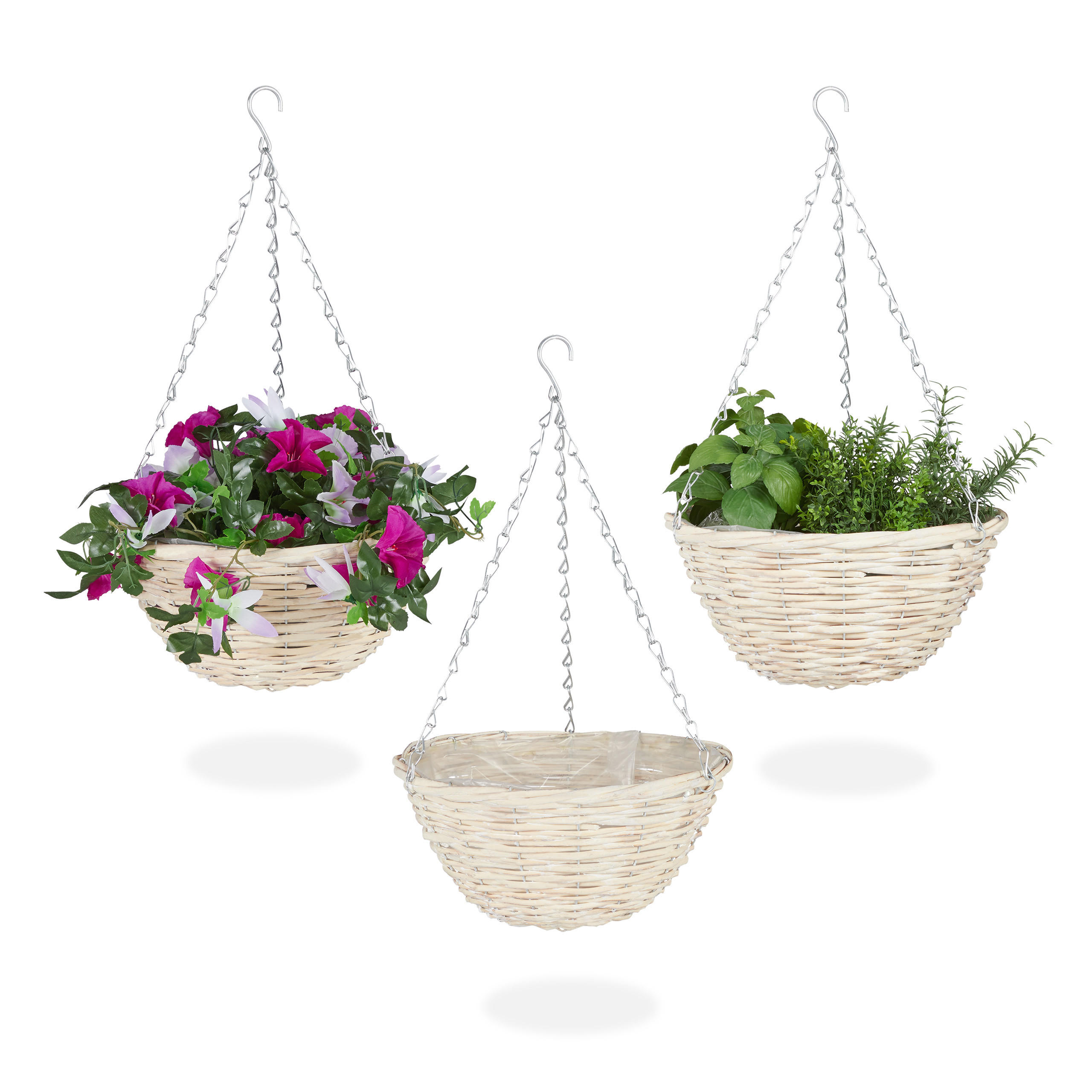 3XBLUMENAMPEL - Beige, Textil/Metall (25/12/25cm) - Relaxdays