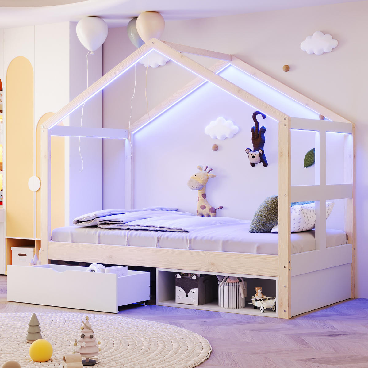 HAUSBETT 90/190 cm DE-01554, in Holzfarbe, mit Schubladen, Schuhschrank und LED-Beleuchtung - Naturfarben, Holzwerkstoff (90/190cm) - ComfortXL