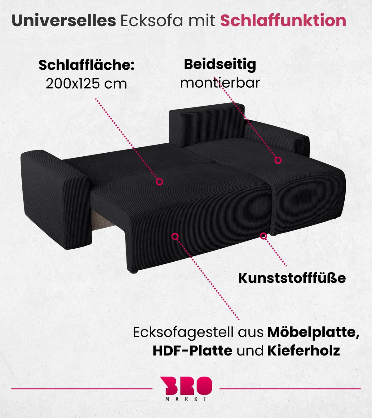 ECKSOFA PLUSH mit Schlaffunktion Schwarz Cord - Schwarz, Textil (240/145cm) - Bromarkt