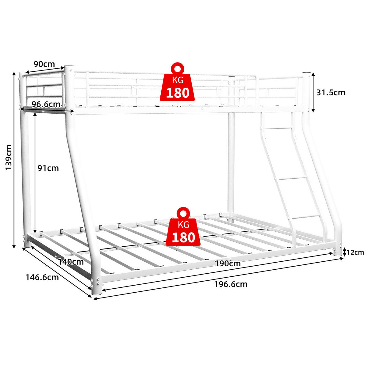 ETAGENBETT Metall 140/200 cm mit Leiter, erhöhtem Geländer und geräuscharmen Latten, Weiß - Weiß, Metall (140/200cm) - Redom