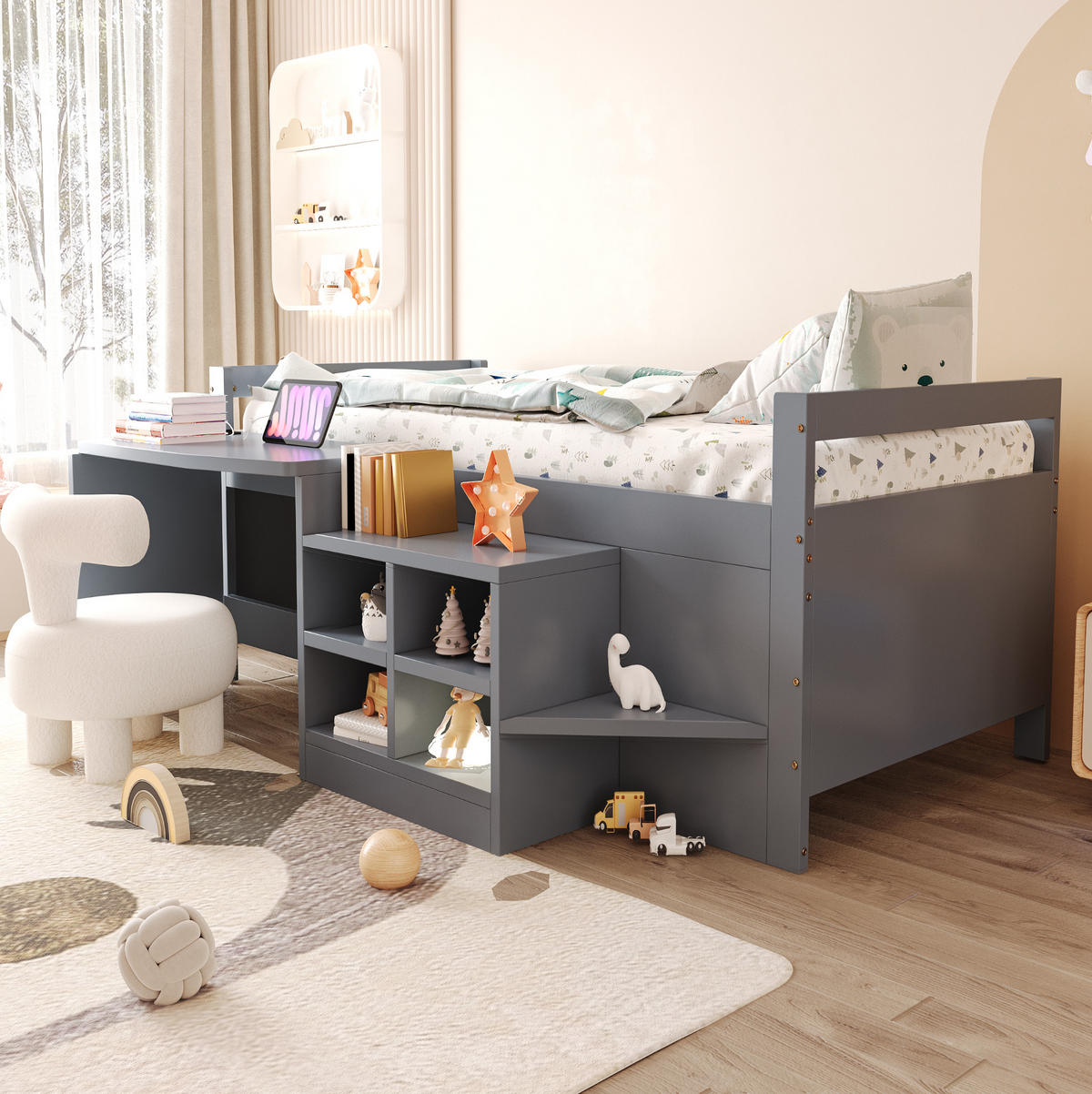 DETSKÁ posteľ 90/200 cm sivá s písacím stolom úložným priestorom a zásuvkou z dreva a MDF - sivá, kompozitné drevo (90/200cm) - OKWISH