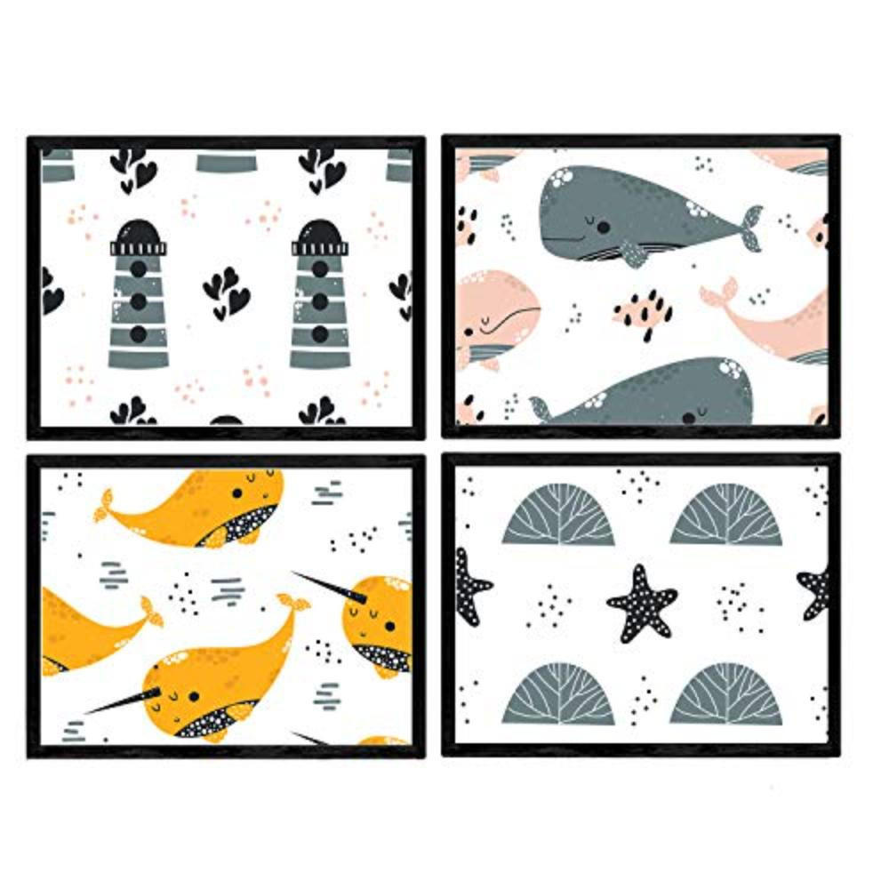 POSTER Set mit 4 Grauwal Orange Leuchtturm und Seestern A3 Schwarzer Rahmen - Schwarz, Papier (29.7/3cm) - Nacnic