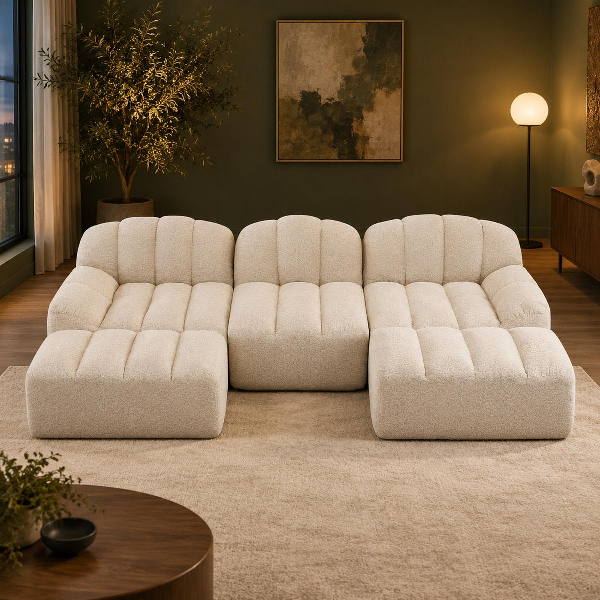 MODULARES Sofa aus granuliertem Fleece in Beige-Weiß 288x165x79 cm mit Ottoman und flexibler Aufstellung - Creme, Textil (165/288cm) - IVMEU