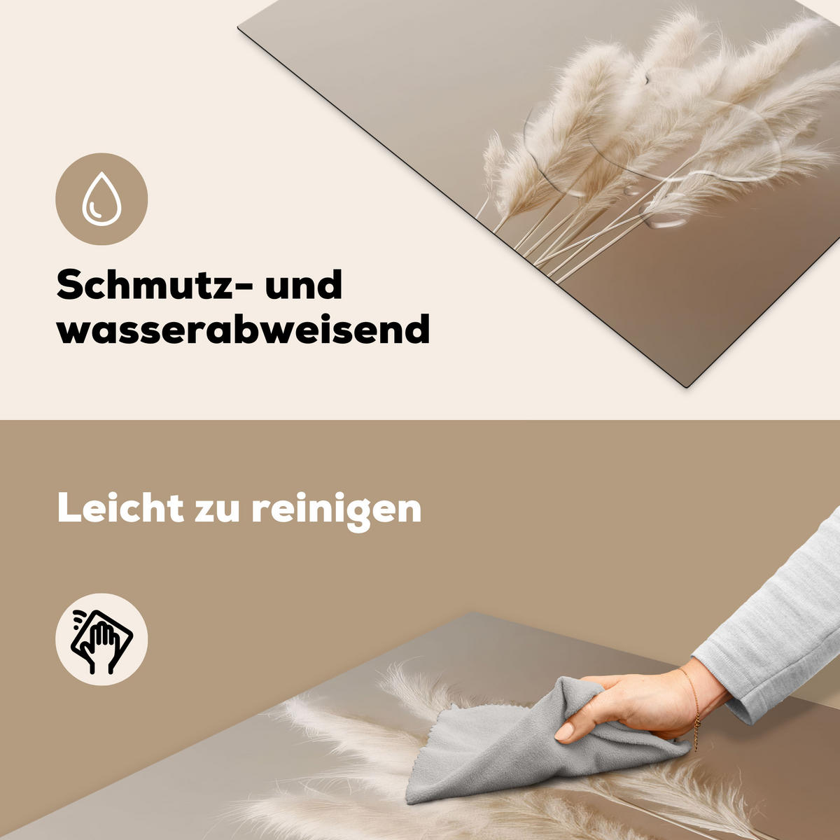 HERDABDECKPLATTE Pampasgras - Federn - Pastell - Weiß Induktionsschutz 80x52.2 cm - Creme, Kunststoff (80.2/52.2/0.2cm) - MuchoWow