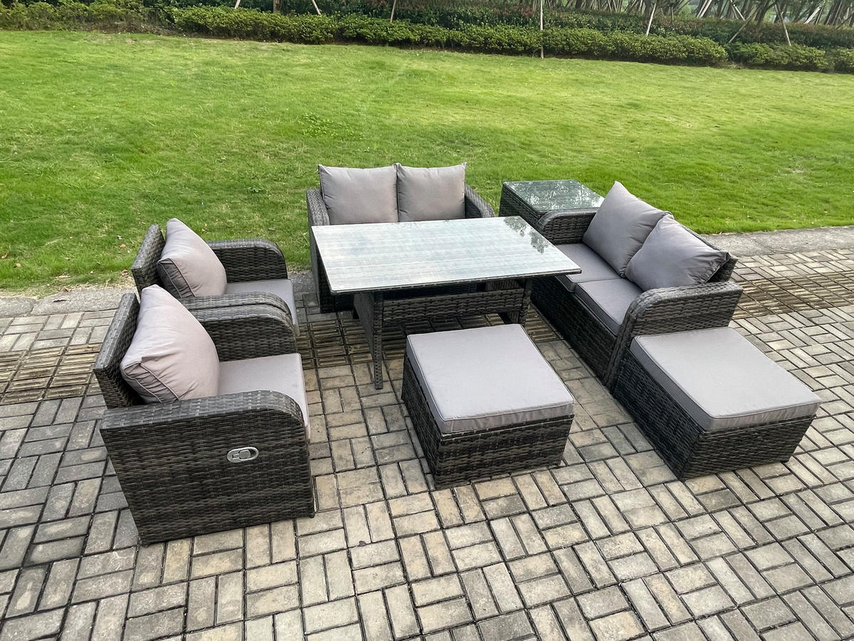 Gartenmöbelset mit Esstisch,Hockern,Beistelltisch Polyrattan Dunkelgrau 8-Sitzer - Dunkelgrau/Grau, Glas/Kunststoff - Fimous