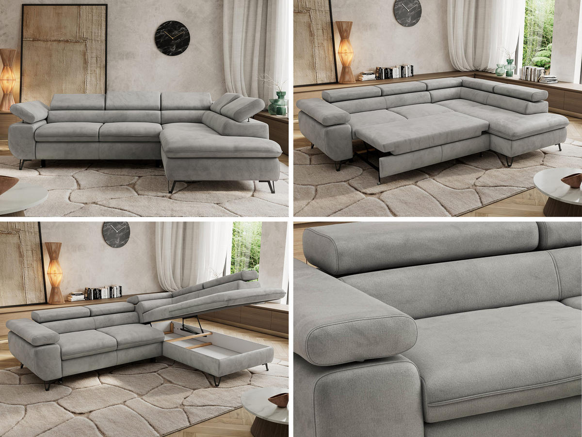 ECKSOFA PABLO L Hellgrau Velvet - Rechts Seite - Hellgrau/Schwarz, Textil/Metall (273/208cm) - MKS