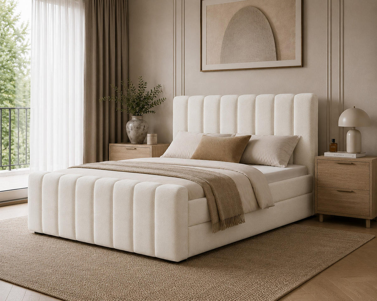 BOXBETT 01 BIS 160 x 200 cm - Vibe - Modernes Polsterbett mit Bettkasten inkl. PU-Schaum-Topper und Federmechanismus - Creme, Holz (160/200cm) - ROYAL24_MARKT