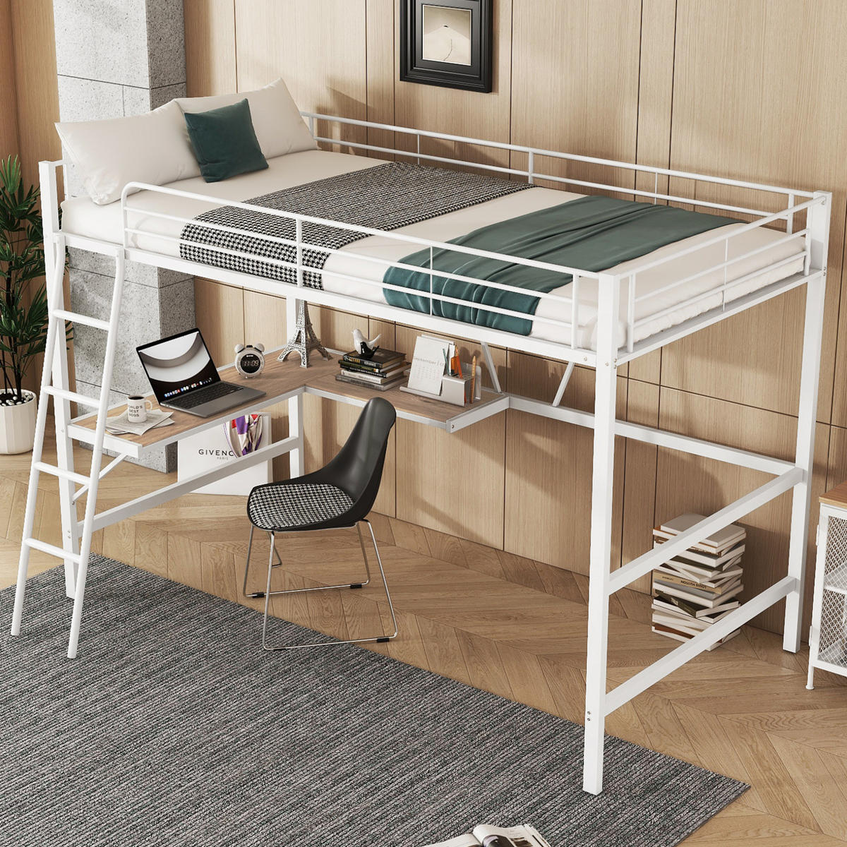 HOCHBETT 90/200 cm mit L-förmigem Schreibtisch, Regal und Sicherheitsgeländer, Metall/MDF, Weiß - Weiß, Metall (90/200cm) - Redom