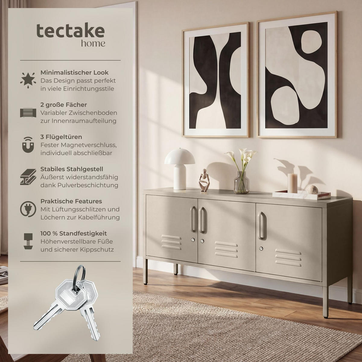 SIDEBOARD Baker, Kippschutz, höhenverstellbare Füße, taupe - Taupe, Metall (120/55.5/37.5cm) - tectake