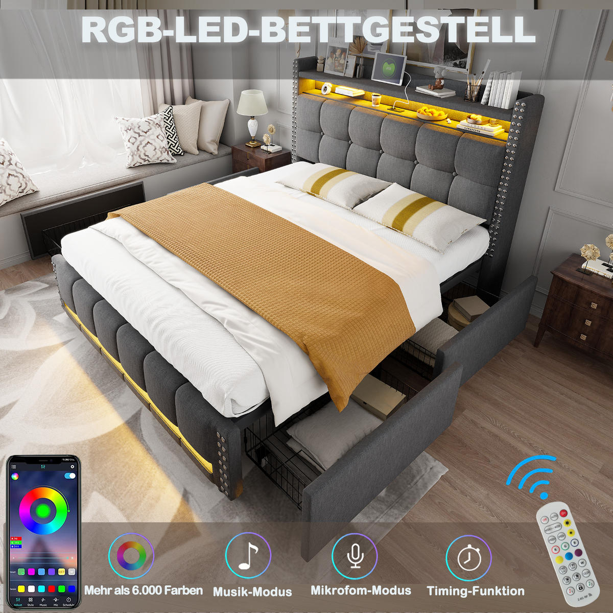 POLSTERBETT 160/200 cm in Grau Leinen mit LED, USB und Regal - Grau, Holzwerkstoff/Textil (160/200cm) - WISHDOR