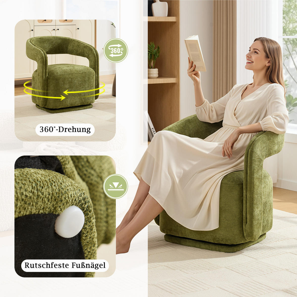 SESSEL,360 Grad Drehsessel Grün, Wohnzimmer Loungesessel - Grün, Textil (70/74/65cm) - PARAFTA HOME