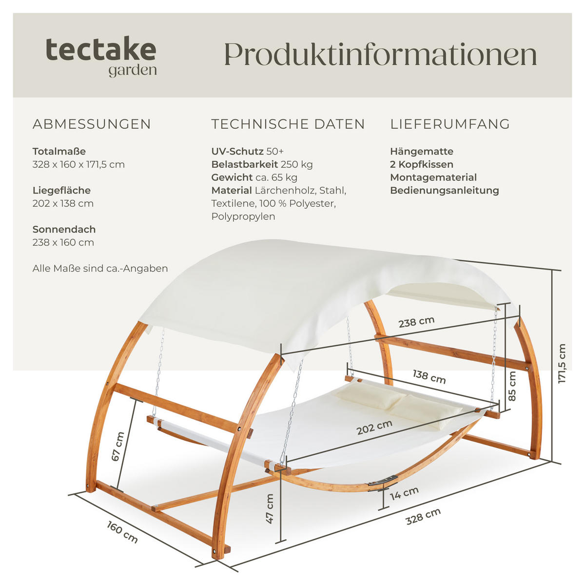 HÄNGEMATTE Locarno,Belastbarkeit 250 kg, 328 x 160 x 171,5 cm,teak - Teakfarben, Holz (160/171.5/328cm) - tectake