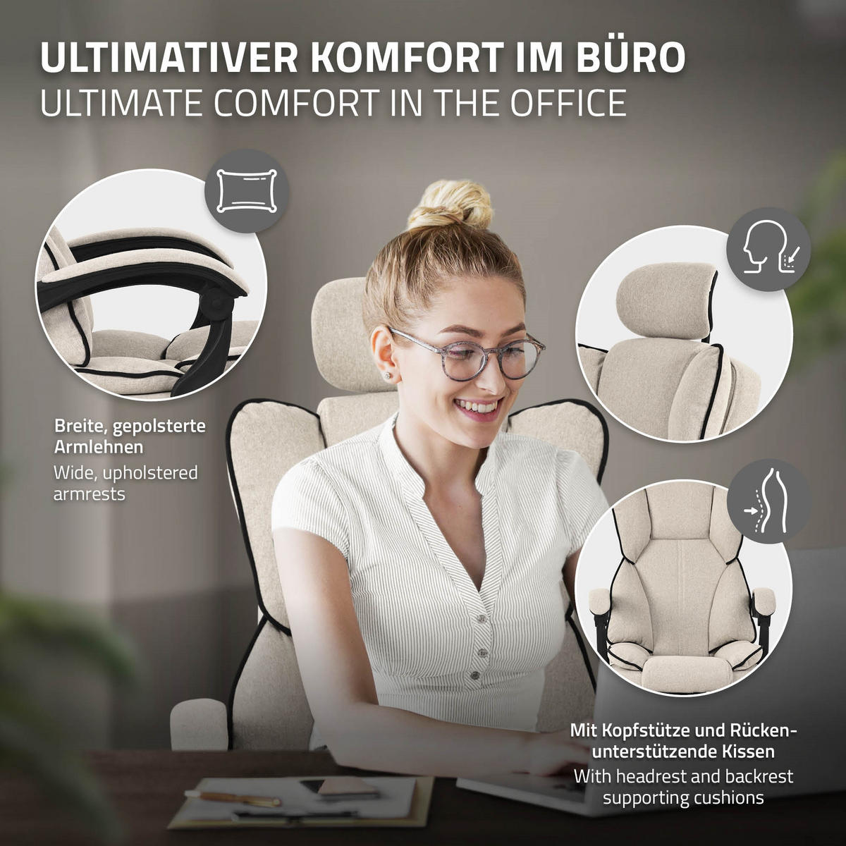 BÜROSTUHL - Beige, Metall (66/130.5/59cm) - ML-DESIGN