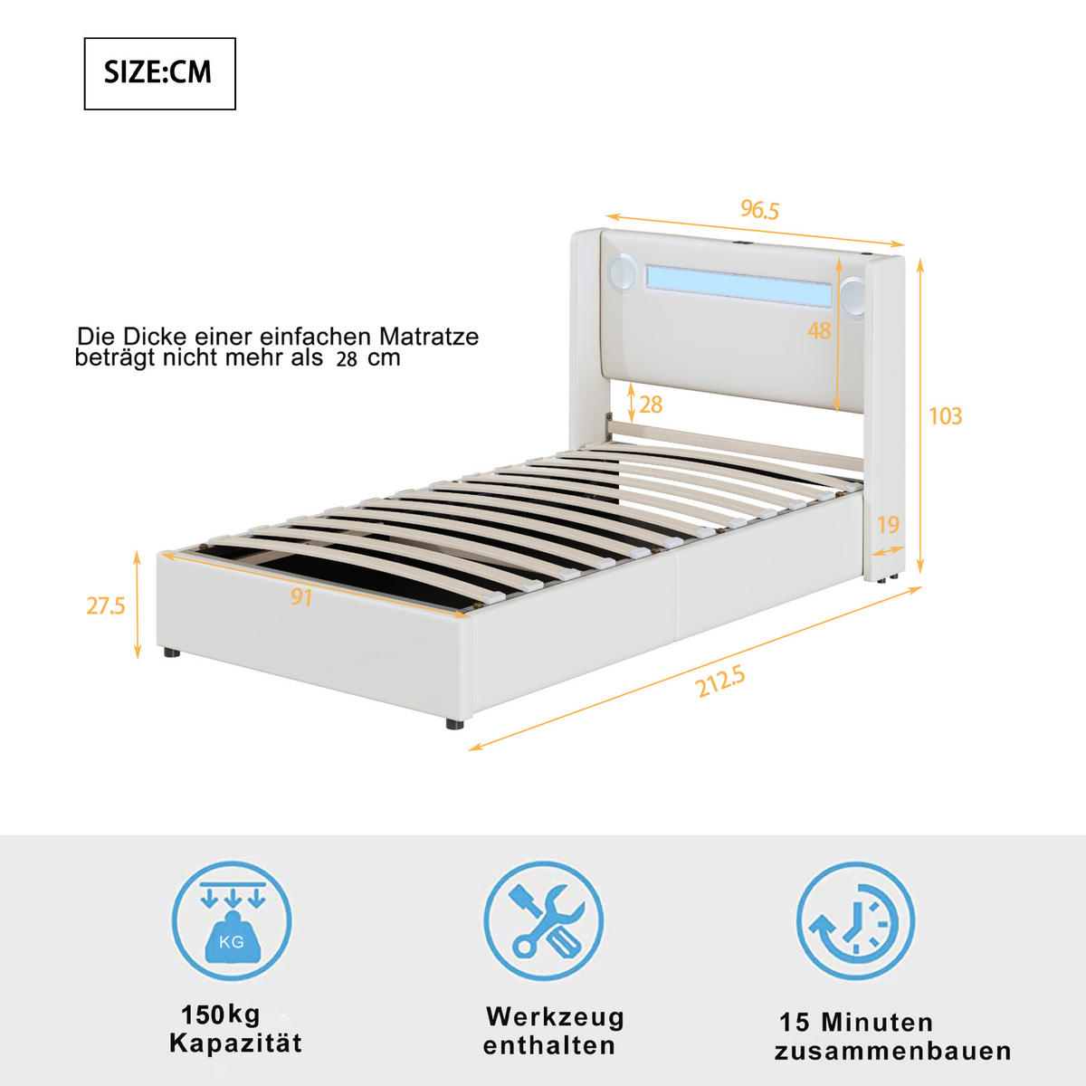 POLSTERBETT 90/200 cm mit LED-Lichtleiste und Bluetooth-Player - Weiß, Kunststoff (90/200cm) - OKWISH