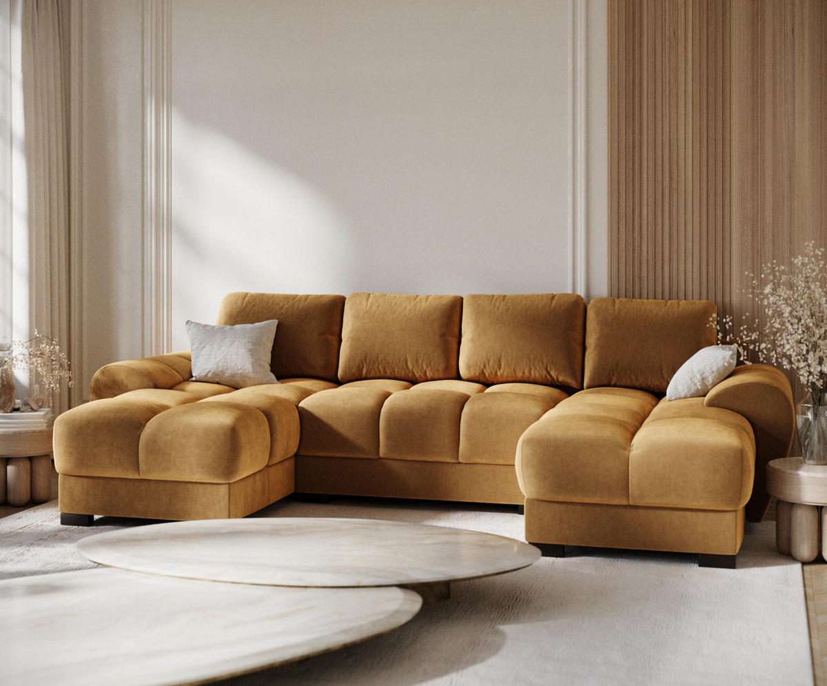 WOHNLANDSCHAFT Peebles Honigfarbe Samtstoff - Schwarz/Honig, Holz/Holzwerkstoff (330/90/175cm) - Maison de Reve