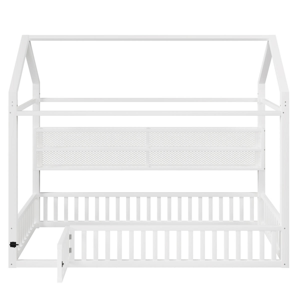 KINDERBETT aus Metall 90x200 cm Weiß mit Sicherheitszaun, LED-Beleuchtung und hausförmigem Dach - Weiß, Metall (90/200cm) - Modfu
