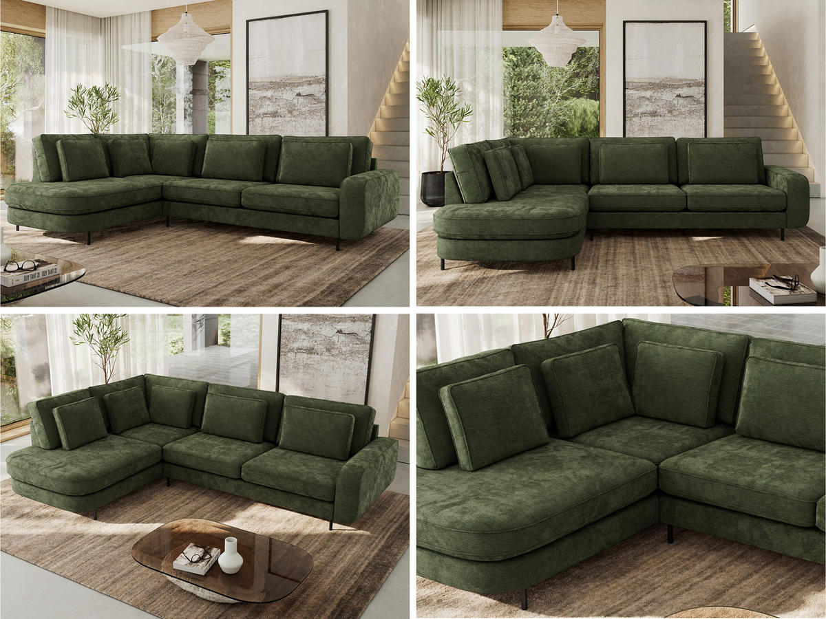 ROHOVÁ SEDAČKA CALENO L - Tmavě zelená Hrubě tkaná žinylka - Pravá Strana - černá/tmavě zelená, kov/textil (317/225cm) - MKS