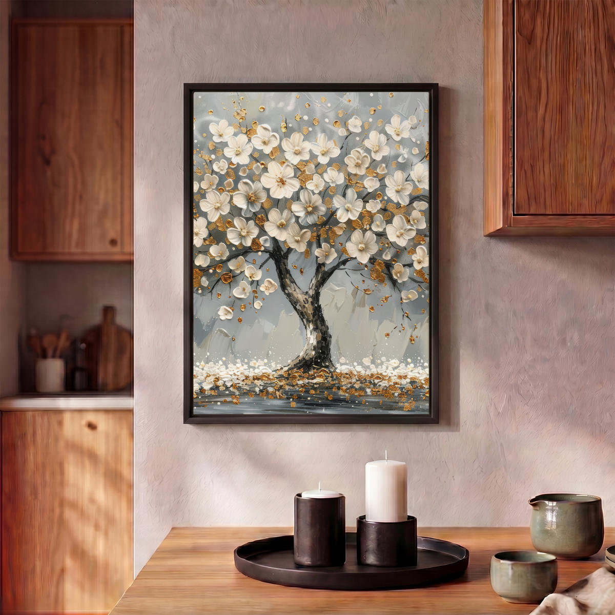 LEINWAND Bilder mit Rahmen - Baum - Blumen - Weiß - Natur - Kunst - 30x40 - Weiß, Textil (30/40cm) - MuchoWow
