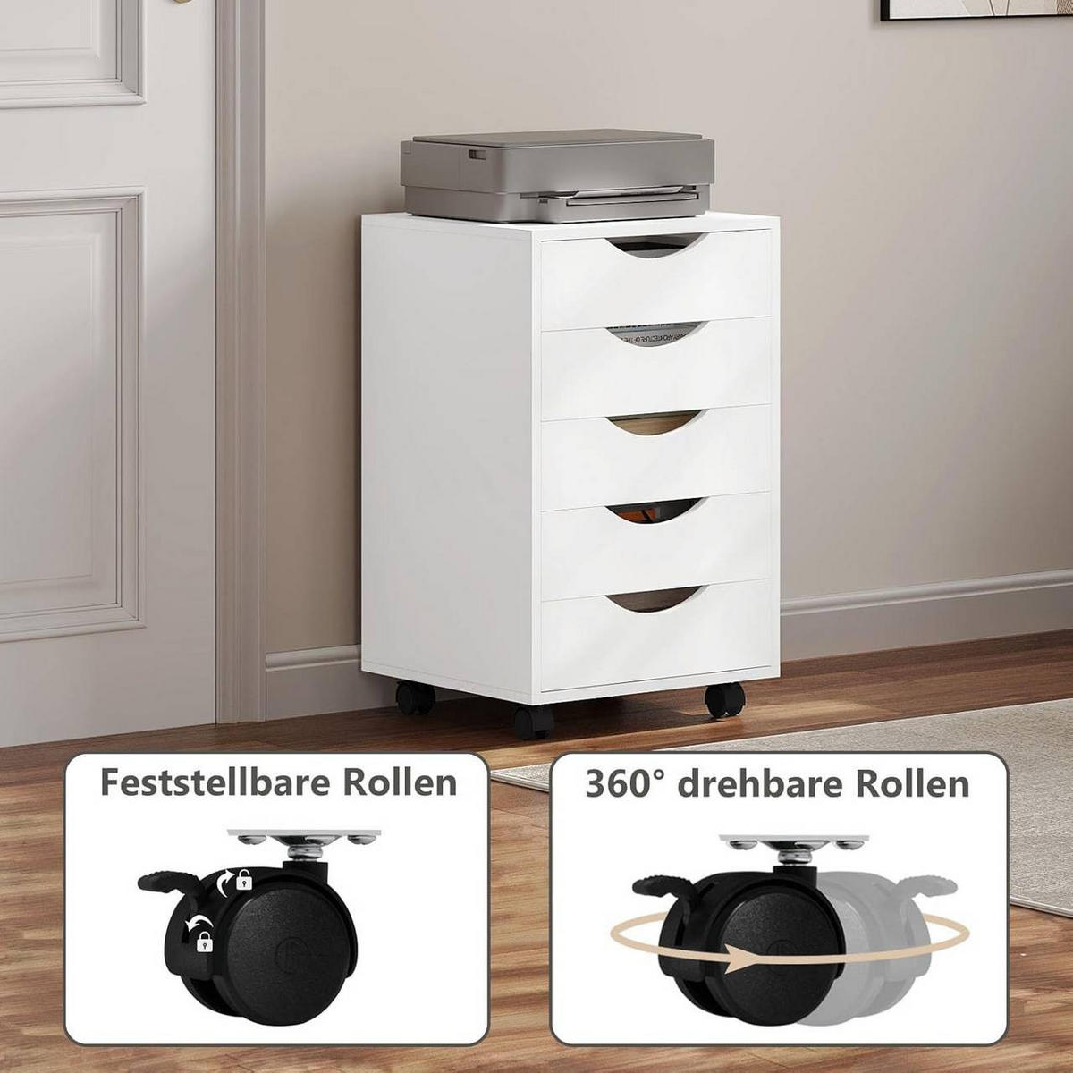ROLLCONTAINER mit 5 Schubladen, Weiß - Schwarz/Weiß, Holzwerkstoff (40/66.5/40cm) - Woltu