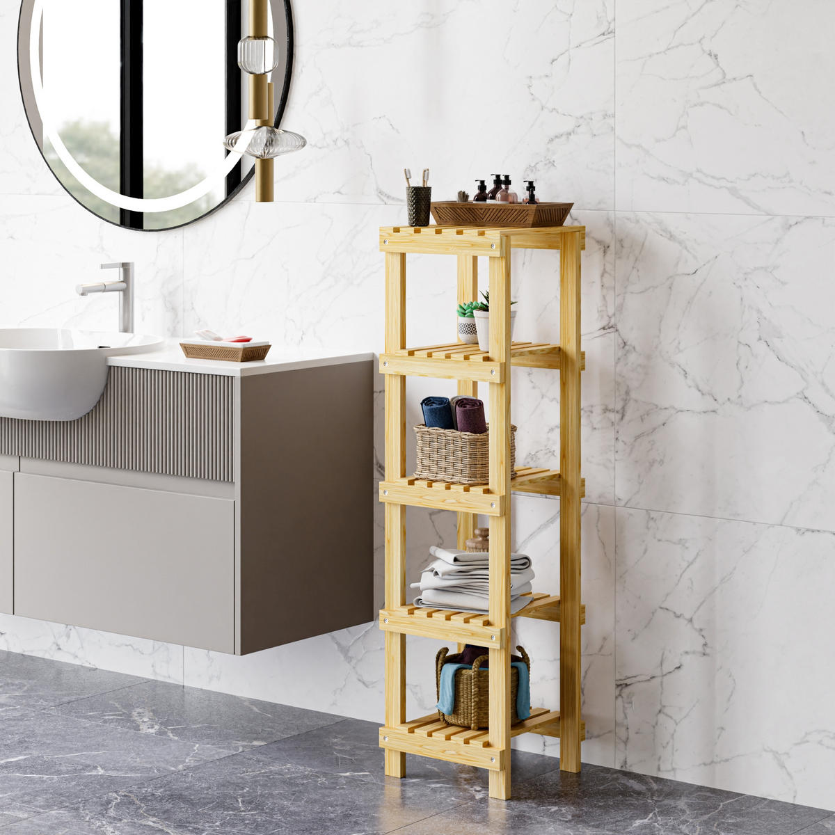 BADEZIMMERREGAL Kinnula - Naturfarben, Holz (30/110/30cm) - [en.casa]
