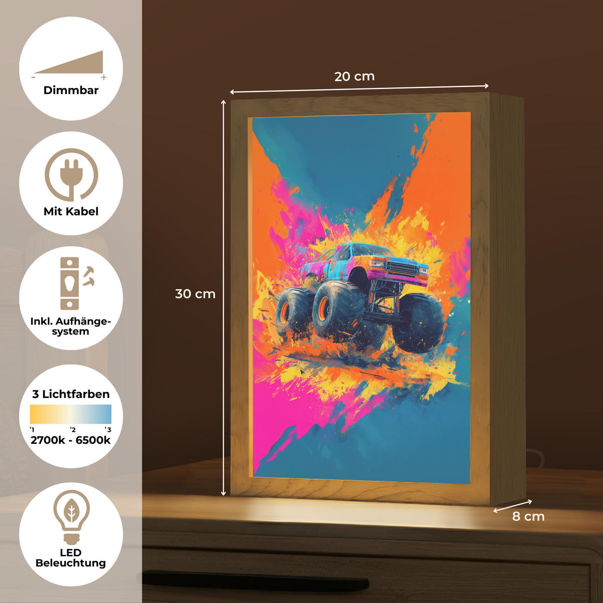 NÁSTĚNNÁ LAMPA Monster truck - Abstraktní - Stříkající barva - Barevné 20x30 cm - růžová, kompozitní dřevo (20/30/8cm) - OnlyWow